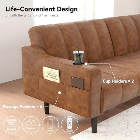 Amerimores Futon Sofa Bed, 80" Faux Leather Couch, Sleeper Sofa Bed with Adjustable Backrest& Storage, Mid Century Modern Loveseat Couch for Living Room, Bedroom and Small Spaces, Brown Amerimores