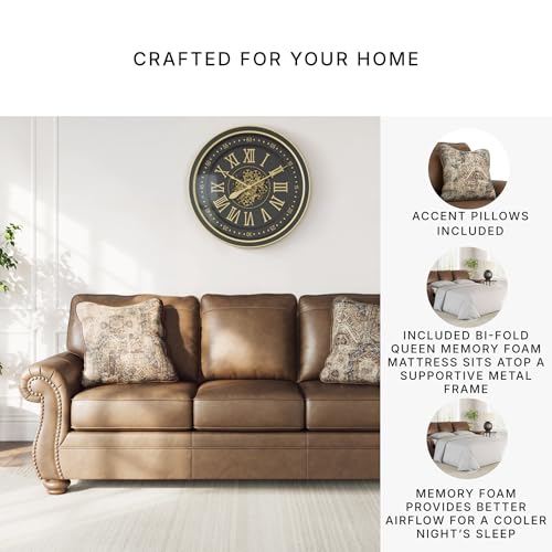 Signature Design by Ashley Shadsburne Rustic Faux Leather Sofa Sleeper with Bi-Fold Memory Foam Mattress, Nailhead Trim and 2 Throw Pillows, Queen, Brown Signature Design by Ashley