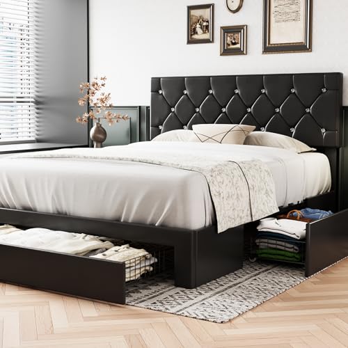 VECELO Full Size Bed Frame with 3 Storage Drawers, Leather Upholstered ...