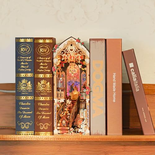 Tonecheer DIY Book Nook Kit for Adults, 3D Wooden Puzzle Music Booknook Miniature Dollhouse, Fairy Tale Bookend Bookshelf Decor with Dust Cover and LED Lights Gifts (Beast‌ and Beauty)