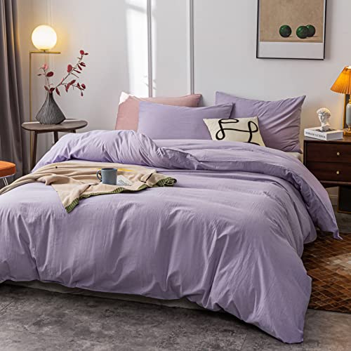 Janlive Washed Cotton Duvet Cover Full Ultra Soft 100% Cotton Solid Color Lavender Purple Duvet Cover Set with Zipper Closure -3 Pieces Purple Full Janlive
