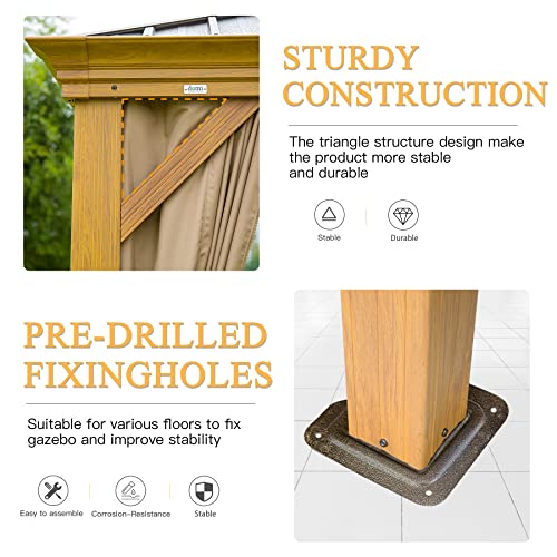 12' x 14' Hardtop Gazebo, Domi Wood Looking Aluminum Gazebo with Galvanized Steel Double Roof, Permanent Metal Gazebo with Curtains and Netting for Patio Lawn and Garden