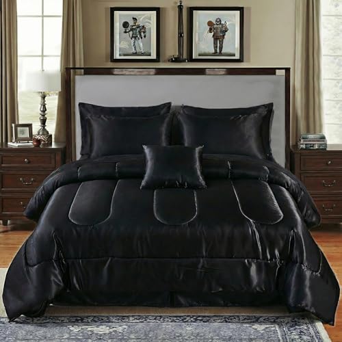 Bedding_Dreamer Black Silky Comforter Set Satin King Bed in a Bag 8 Pieces Luxury Hotel Silky Bedding with 1 Comforter, 1 Flat Sheet, 1 Fitted Sheet, 4 Pillowcases, 1 Cushion Cover (King, Black) Bedding_Dreamer