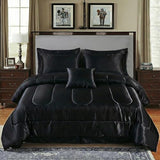 Bedding_Dreamer Black Silky Comforter Set Satin King Bed in a Bag 8 Pieces Luxury Hotel Silky Bedding with 1 Comforter, 1 Flat Sheet, 1 Fitted Sheet, 4 Pillowcases, 1 Cushion Cover (King, Black) Bedding_Dreamer