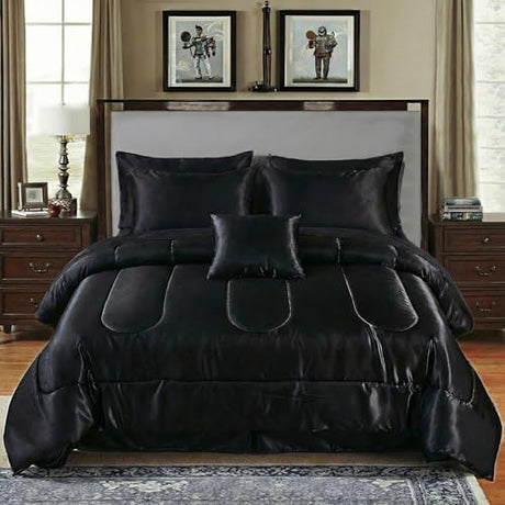 Bedding_Dreamer Black Silky Comforter Set Satin King Bed in a Bag 8 Pieces Luxury Hotel Silky Bedding with 1 Comforter, 1 Flat Sheet, 1 Fitted Sheet, 4 Pillowcases, 1 Cushion Cover (King, Black) Bedding_Dreamer