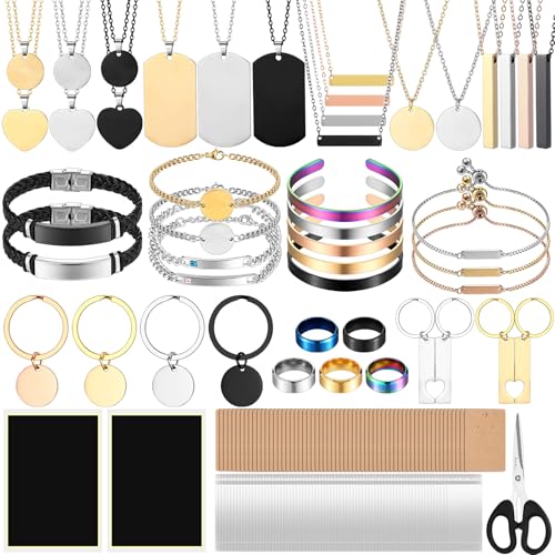 Quelay 99 Pcs Laser Engraving Materials Bulk Include 46 Jewelry Making Engraving Accessories Kit Necklace Bracelet Ring Keychain with Laser Marking Paper for Laser Engraver DIY Crafting Supplies Quelay