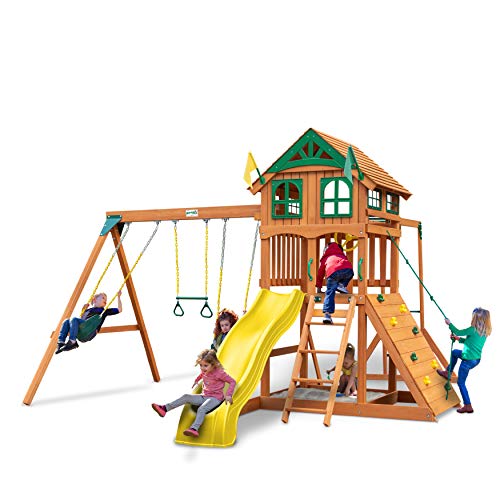 Gorilla Playsets 01-1069-Y Outing Wood Swing Set with Wood Roof and Monkey Bars - Yellow Slide, Amber Gorilla Playsets
