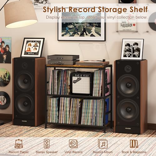 Sonyabecca Record Player Stand with 4 Adjustable Dividers, Vinyl Record Storage Up to 350 Albums, 3-Tier Vinyl Storage Holder with Open Wooden Desktop for Living Room, Bedroom Sonyabecca