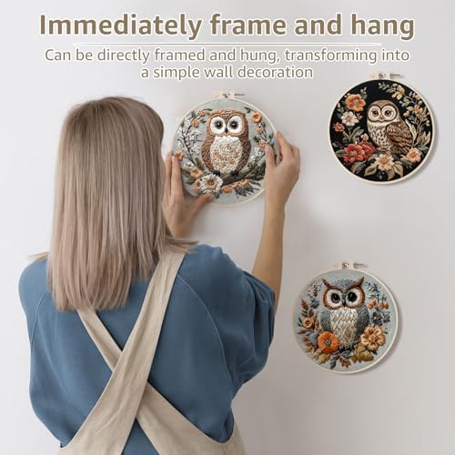 WHQLANG 4 Sets Owl Embroidery Kit, 8.1" Hoops, Embroidery Kit for Beginners to Advanced, Cross Stitch Kits,Inchlude Water Soluble Pattern, Needles,Threads, Template Tools