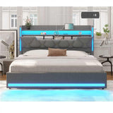 busyaeh Queen Bed Frame with Storage Headboard, Metal Bed Frame with LED Lights & Charging Station, Upholstered Queen Bed with Marshmallow Headboard, No Box Spring Needed, Easy Assembly，Dark Gray busyaeh