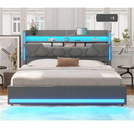 busyaeh Queen Bed Frame with Storage Headboard, Metal Bed Frame with LED Lights & Charging Station, Upholstered Queen Bed with Marshmallow Headboard, No Box Spring Needed, Easy Assembly，Dark Gray busyaeh