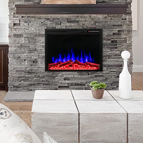COSTWAY 37-Inch Electric Fireplace, Wall-Mounted and Recessed Fireplace Heater with 4 Flame and Log Colors, 5-Level Flame Speed and Brightness, Remote Control, 8H Timer, Overheat Protection, 1500W COSTWAY