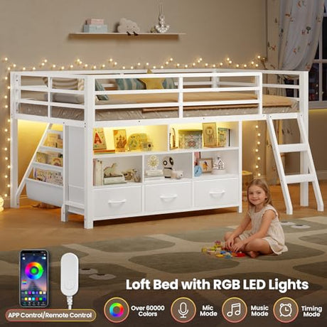 BTHFST Low Loft Bed Twin Size with 3 Storage Drawers, 3-Tier Kids Bookshelf, 5 Open Cubbies and 2 LED Lights Strips, Metal Kids Loft Bed with High Safety Guardrail, Inclined Ladder and Play Area BTHFST