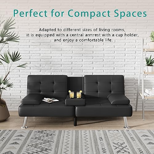Flamaker Futon Sofa Bed Modern Folding Futon Set Convertible Recliner Lounge for Living Room with 2 Cup Holders, Removable Armrests (PU Leather, Black) Flamaker