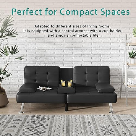 Flamaker Futon Sofa Bed Modern Folding Futon Set Convertible Recliner Lounge for Living Room with 2 Cup Holders, Removable Armrests (PU Leather, Black) Flamaker