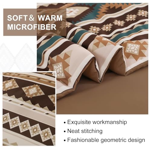 Dinjoy Boho King Size Bed in A Bag 7 Pieces,Brown/Coffee Comforter Set Aztec Striped Fall Bedding Set Bohemian Patchwork Complete Set Geometric Pattern Comforters for Women Men 90"×104" Dinjoy
