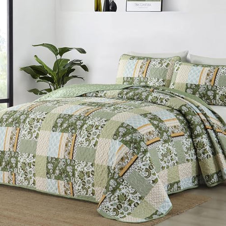 WONGS BEDDING Quilt Set Queen Size Green, 3 Pieces Patchwork Plaid Bedspread Coverlet Set, Floral Soft Microfiber Bedding Set for All Season(96"×90“) WONGS BEDDING