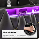 BYSAUD Floating Bed Frame with Hidden Storage in The Openable Marshmallow Headboard,King Size Bed Frame with Charging Station Including 2 Standard Sockets & Led Lights,PU Leather (King) BYSAUD