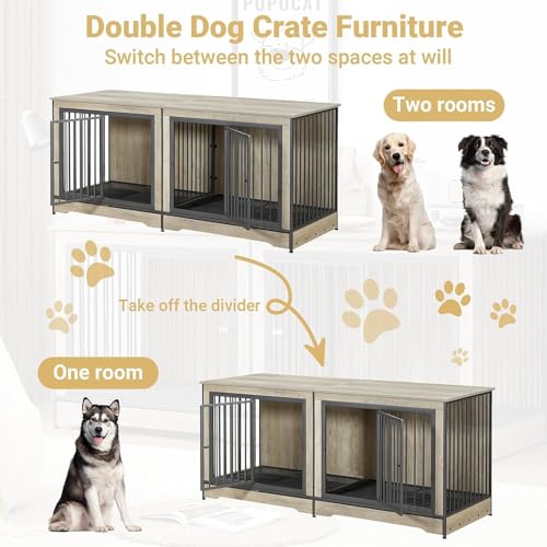 Rovibek 75'' Double Dog Crate Furniture for 2 Large Dogs, Heavy Duty Furniture Style Dog Crates End Table, Wood Crates for Dogs Kennel Indoor with Double Door, Grey Rovibek