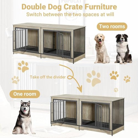 Rovibek 75'' Double Dog Crate Furniture for 2 Large Dogs, Heavy Duty Furniture Style Dog Crates End Table, Wood Crates for Dogs Kennel Indoor with Double Door, Grey Rovibek