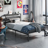 OURPIC Twin Bed Frames for Kids, Metal Platform Bed Frame Twin Size with Charging Station and LED Lights, Upholstered Headboard and Storage Shelf, No Box Spring Needed, Easy Assembly OURPIC