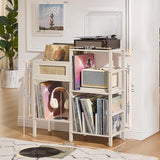 LELELINKY Record Player Stand, White Cream Oak Wood Record Holder with Vinyl Storage Holds up to 300+ Albums, 3-Tier Rattan Media Table with Vinyl Display Shelf, Record Storage Cabinet for Living Room LELELINKY