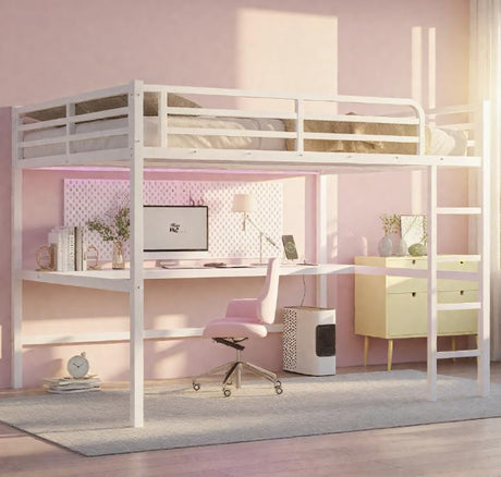 Bellemave Loft Bed Queen Size with Desk, Queen Size Metal Loft Bed Frame, Queen loft Bed for Adults, Kids, Teens, White with Desk Bellemave