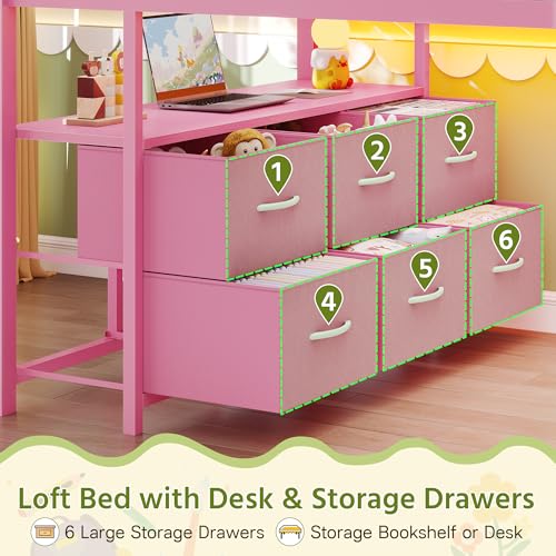 Dnxao Low Twin Loft Bed with Desk,9 Storage Drawers,Kids Loft Bed with 15.8" H Safety Guardrail,Twin Bed Frames for Kids with LED Lights and Charging Station,Under-Bed Play Space,Pink Dnxao