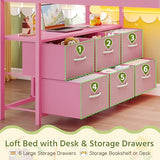Dnxao Low Twin Loft Bed with Desk,9 Storage Drawers,Kids Loft Bed with 15.8" H Safety Guardrail,Twin Bed Frames for Kids with LED Lights and Charging Station,Under-Bed Play Space,Pink Dnxao