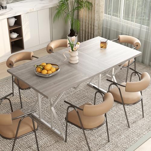 HOMCOM 47"-63" Expandable Dining Table for 4-6 People, Farmhouse Dinner Table with Heavy Duty Metal Trestle Base, Rectangle Kitchen Desk, Distressed Gray HOMCOM