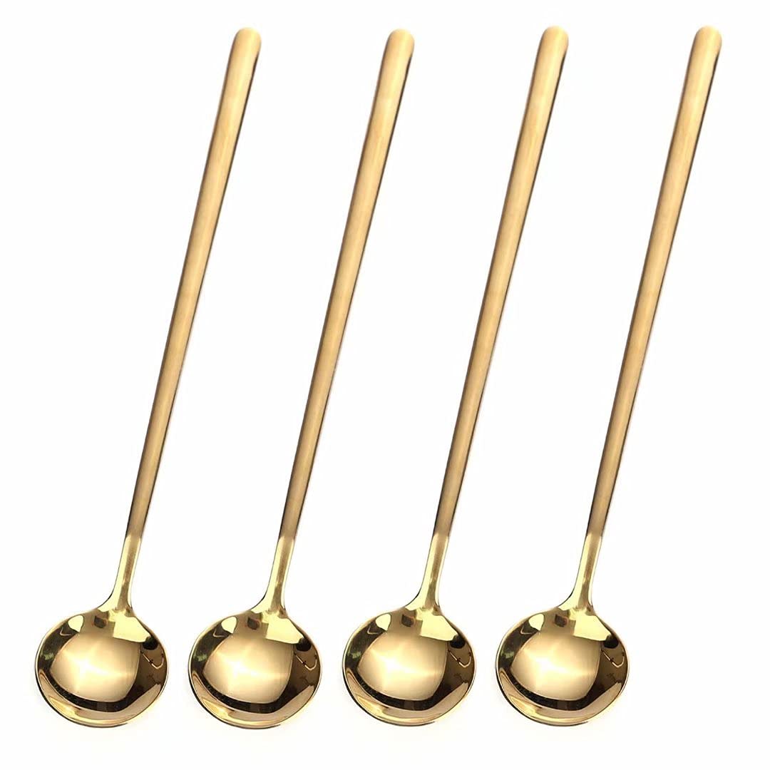4 PCS 6.7 Inches Coffee Spoons, Stirring Spoons, Tea Spoons Long Handle, Gold Teaspoons, Gold Spoons, Ice Tea Spoons, Long Spoons for Stirring, Gold Espresso Spoons Stainless Steel GENRICE