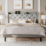 Feonase Full Size Bed Frame with Luxury Wingback and Fast Charging Station,Full Upholstered Button Tufted Storage Headboard Platform Bed,Sturdy Wooden Slats Support,Easy Assembly,Noise-Free,Light Gray Feonase