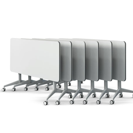 Conference Table,White Modern Office Folding Flip Top Mobile Training Table with Wheels is Convenient and Fast, Suitable for Companies Office, Meeting Room, and Classroom use (6Pcs 61in) Goakwwuz