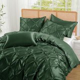 P Pothuiny 5 Pieces Satin Pintuck Duvet Cover Set, Silky Like Olive Green Pinch Pleat Duvet Cover Full/Queen Size Luxury Bedding Set with Corner Ties, 2 Pillow Shams + 2 Pillowcases (No Comforter) P Pothuiny