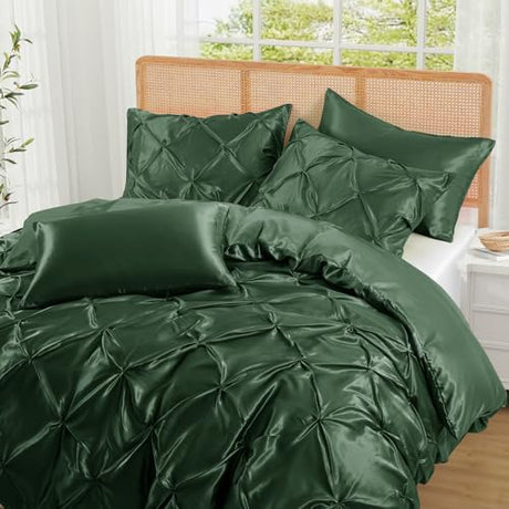 P Pothuiny 5 Pieces Satin Pintuck Duvet Cover Set, Silky Like Olive Green Pinch Pleat Duvet Cover Full/Queen Size Luxury Bedding Set with Corner Ties, 2 Pillow Shams + 2 Pillowcases (No Comforter) P Pothuiny