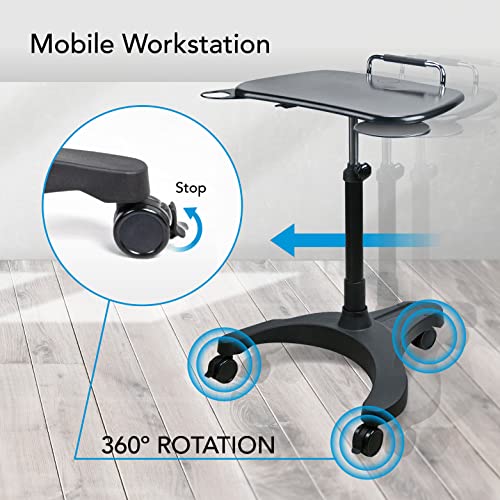 EHO Mobile Laptop Desk Cart with Wheels, Height Adjustable Standing Desk with Pneumatic Lift, Rolling Workstation with Mouse Tray and Cup Holder, Portable Table for Home Office or Classroom EHO