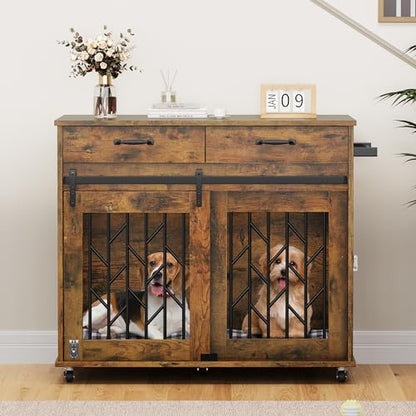 YITAHOME Dog Kennel Furniture for 2 Dogs, 39 inch Doble Dog Crate with Storage Drawers, Indoor Wooden Dog House Heavy Duty for 2 Small Medium Dogs, - WoodArtSupply