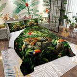 3D Tiger Comforter Set Queen Size,Monkey Parrot Wild Animals Bedding Set,Tropical Palm Tree Jungle Quilt Set for Kids Boys Girls Adult Bedroom Decor,Nature Wildlife Theme Duvet Insert,2 Pillowcases Castle Fairy