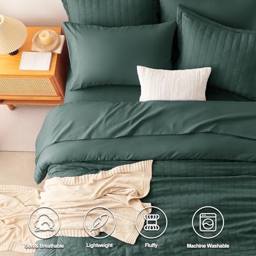 CozyLux Full Size Comforter Sets with Sheets Seersucker 7 Pieces Forest Green Bed in a Bag Textured Luxury Soft Bedding Set with Down Alternative Comforter, Sheets, Pillowcases & Shams for All Seasons CozyLux