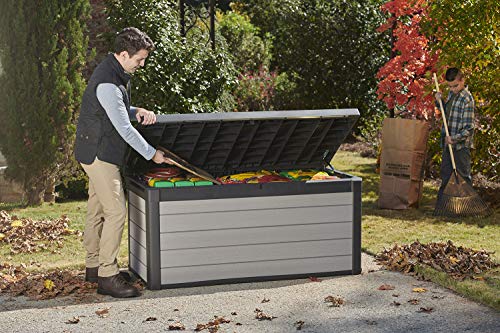 Keter Denali 150 Gallon Resin Large Deck Box-Organization and Storage for Patio Furniture, Outdoor Cushions, Garden Tools and Pool Toys, Grey & Black Keter