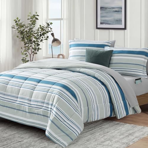 Monbix Queen Comforter Set - 7 Pieces Bed in a Bag Queen, Blue-Stripe Bedding Sets, All Seasons Comforter Bed Set with Sheets, Pillowcases & Shams Monbix