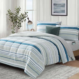 Monbix Queen Comforter Set - 7 Pieces Bed in a Bag Queen, Blue-Stripe Bedding Sets, All Seasons Comforter Bed Set with Sheets, Pillowcases & Shams Monbix