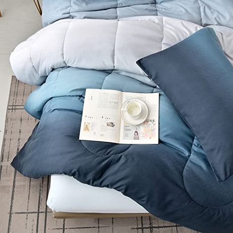 Anibedding Blue Comforter Set Queen - 7 Pieces Ombre Blue White Microfiber Bedding Set - All Season Down Alternative Light Ocean Sea Abstract Bed in a Bag for All Season (90" x90") Anibedding