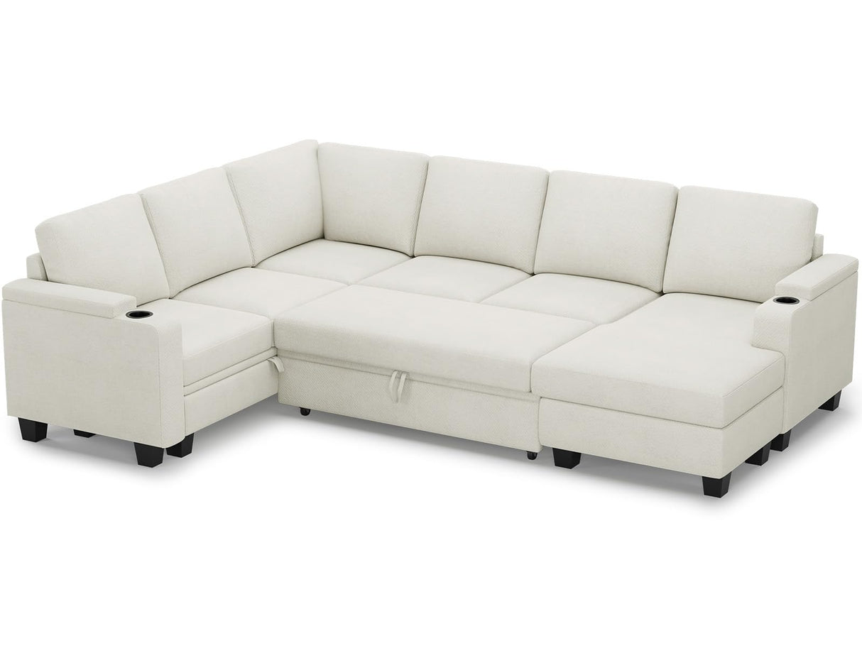 Belffin Sleeper Sofa Modular Sectional Pull Out Couch Bed U Shaped Sofa Couch for Living Room with Storage Chaise. White Belffin