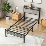 BOFENG Twin Bed Frame with Wood Storage Headboard/USB Charging Station,Heavy Duty Metal Single Platform Bed Frames No Box Spring Needed,Heavy Duty Metal Slats,Noise Free,Greige BOFENG