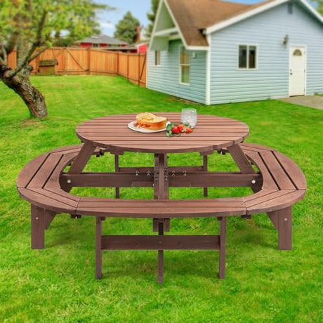 RocVanc 8-12 Person Outdoor Round Wooden Picnic Table with 8 Built-in Benches, Umbrella Hole, Lifetime Outside Table and Bench Set for Garden, Backyard, Porch, Patio and Deck RocVanc