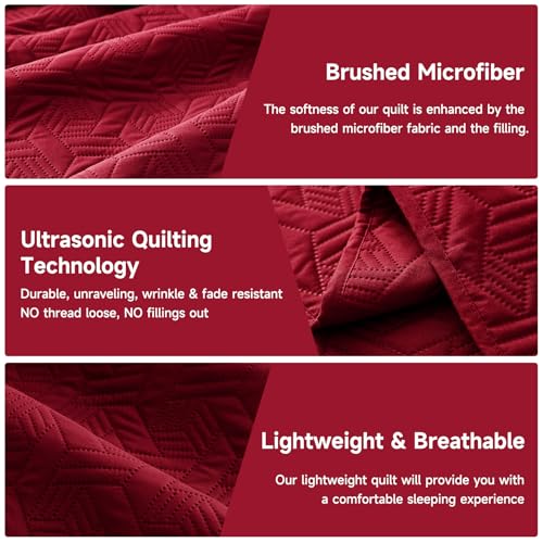 Lavsiry Red Queen Size Quilt Bedding Set with Pillow Shams, Summer Lightweight Bedspread Coverlet, Soft Quilted Blanket Thin Comforter for All Seasons Lavsiry