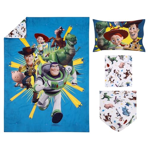 NoJo Disney Toy Story Taking Action Blue, Green and Yellow 4 Piece Toddler Bed Set - Comforter, Fitted Bottom Sheet, Flat Top Sheet, and Reversible Pillowcase NoJo