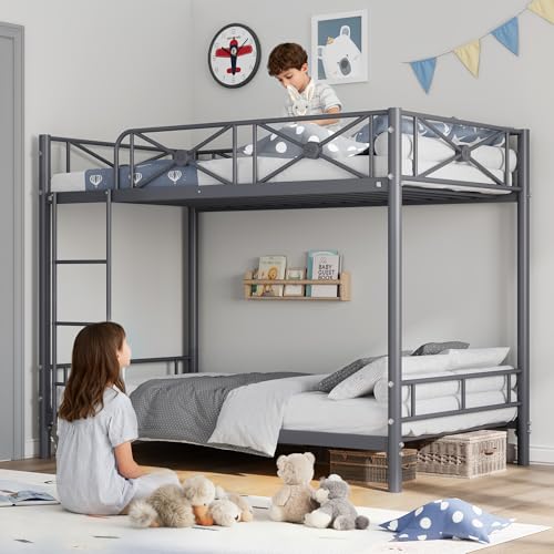 IDEALHOUSE Metal Bunk Bed Twin Over Twin, Modern Heavy Duty Bunkbeds with Safety Guard Rails & Space-Saving Design, Steel Twin Bunk Beds for School, Bedroom, Grey IDEALHOUSE