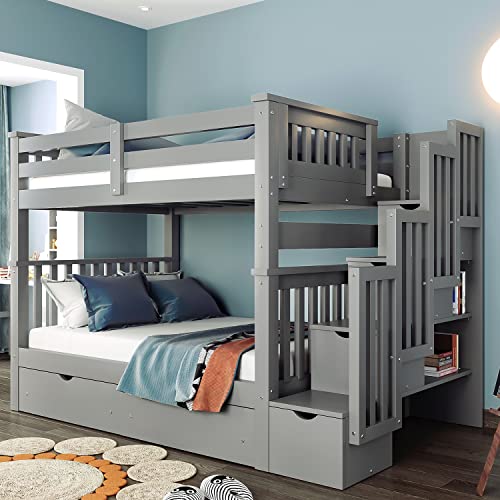 MERITLINE Solid Wood Bunk Bed with Staircase Storage, Full Over Full Bunk Bed with Drawers for Kids, Teens & Adults, Space Saving Design (Gray) MERITLINE
